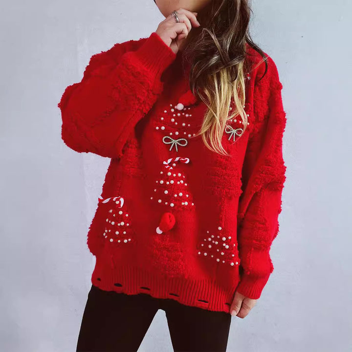 Damen festlicher Pullover mit kreativen Weihnachtsmotiven und strukturiertem Design Drune