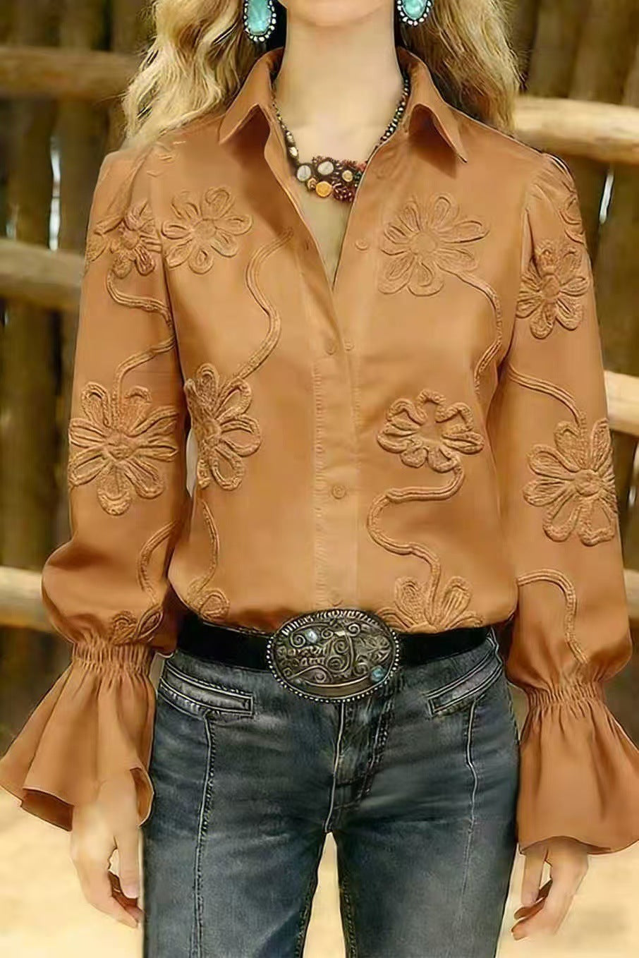 Damen elegante Bluse mit floraler Stickerei und voluminösen Ärmeln Drune