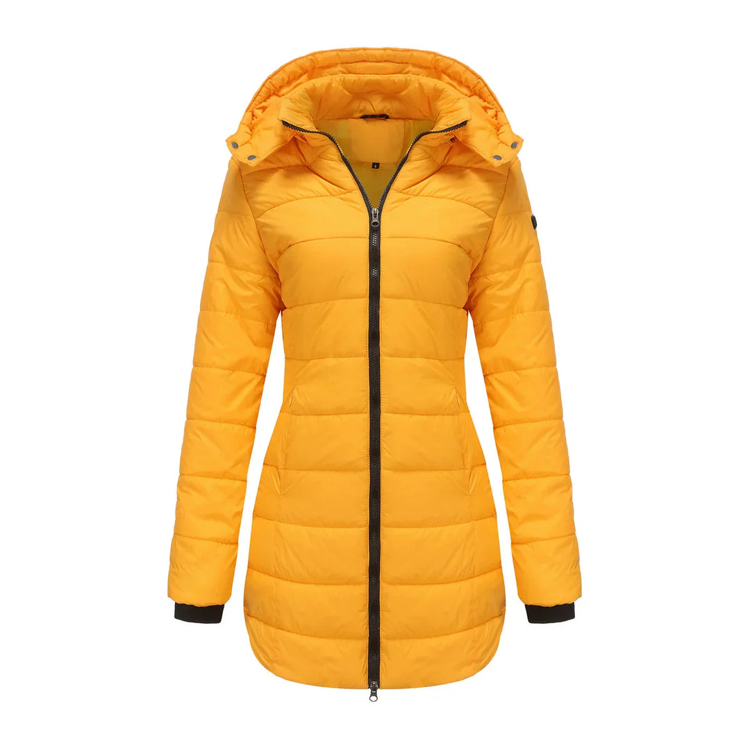 Drune | Damen Pufferjacke – Gepolstert isoliert – Abnehmbare Kapuze – Rippbündchen – Mittellange Passform