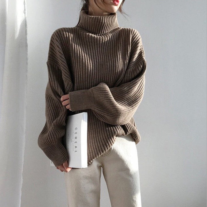Damen Grobstrickpullover mit hohem Kragen und voluminösen Ärmeln Drune