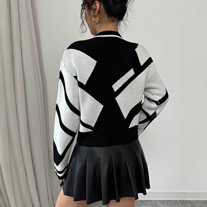 Damen moderner Strickpullover mit V-Ausschnitt und grafischem Muster Drune