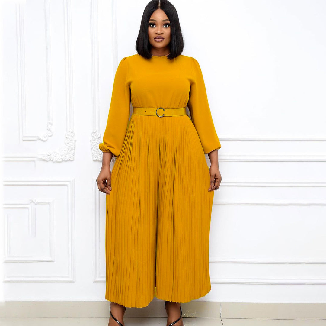 Damen Plissee Jumpsuit mit elegantem Gürtel und weit ausgestellten Ärmeln Drune