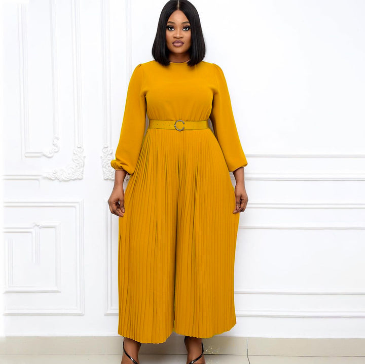 Damen Plissee Jumpsuit mit elegantem Gürtel und weit ausgestellten Ärmeln Drune