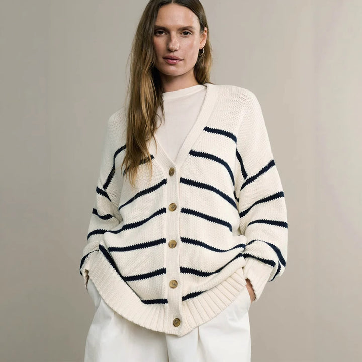 Damen Strickjacke mit breiten Streifen und Knopfverschluss Drune