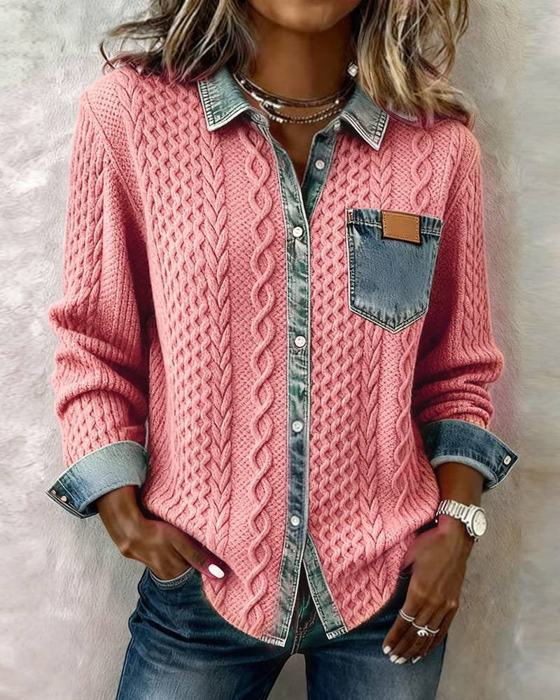 Damen nan geflochtener Strickpullover mit integriertem Jeanskragen und Brusttasche Drune
