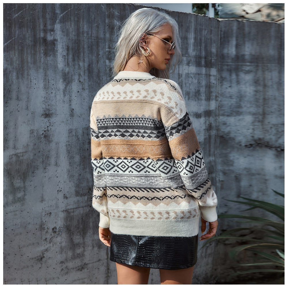 Damen Grobstrickpullover mit ethnischem Muster und weitem Schnitt Drune