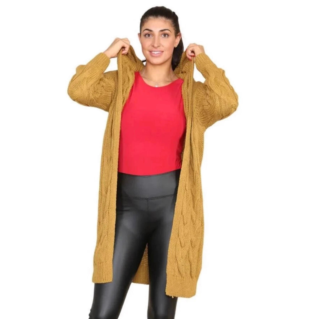 Damen Strickmantel mit Kapuze und Zopfmuster Drune
