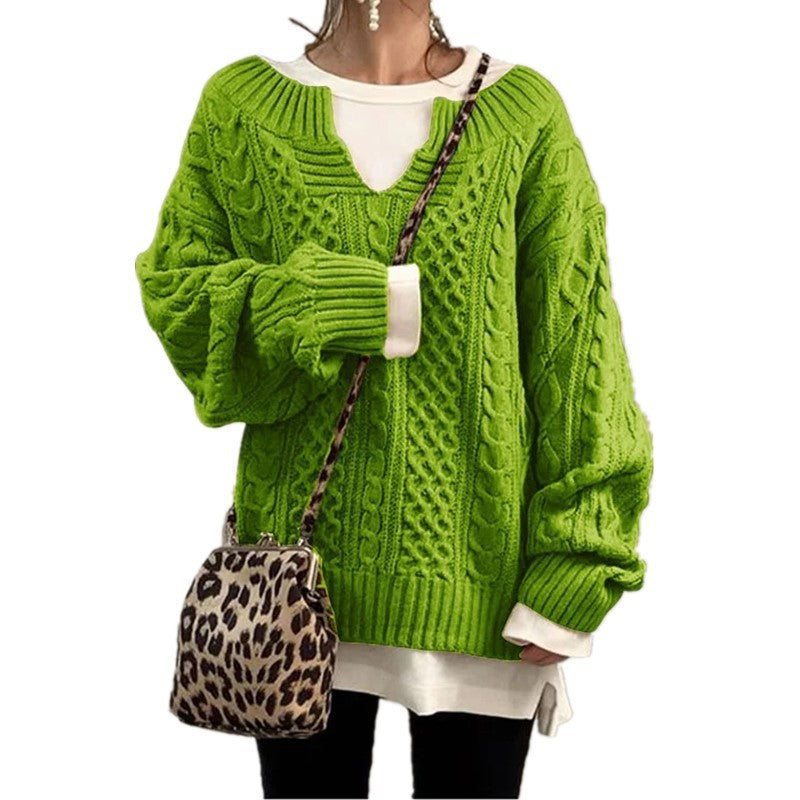 Damen nan weit geschnittener Strickpullover mit Zopfmuster und V-Ausschnitt Drune
