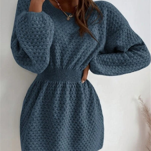 Damen Strickkleid mit einzigartigem Lochmuster und lässigem Bund Drune