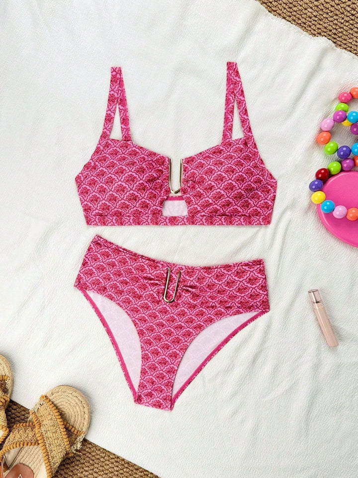 Damen Sportlicher Bikini mit floralen Mustern und Metallakzenten Drune