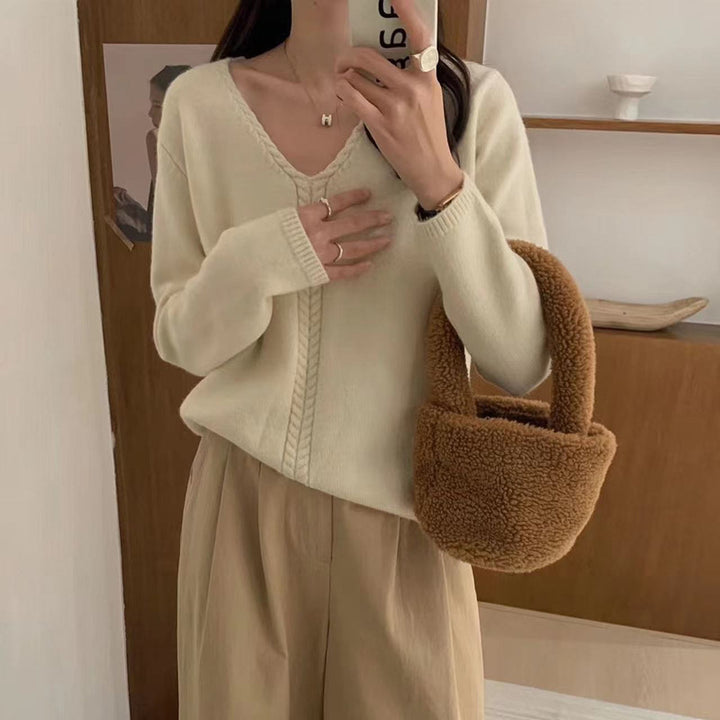 Damen Eleganter V-Ausschnitt Pullover mit feinem Zopfmuster Drune