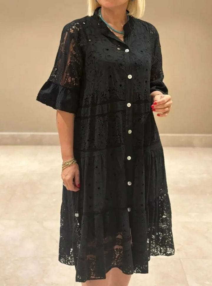Damen nan romantisches Midikleid mit Broderie-Anglaise, durchgeknöpftem Oberteil, Stehkragen, halblangen Volantärmeln und stufigem Saum Drune