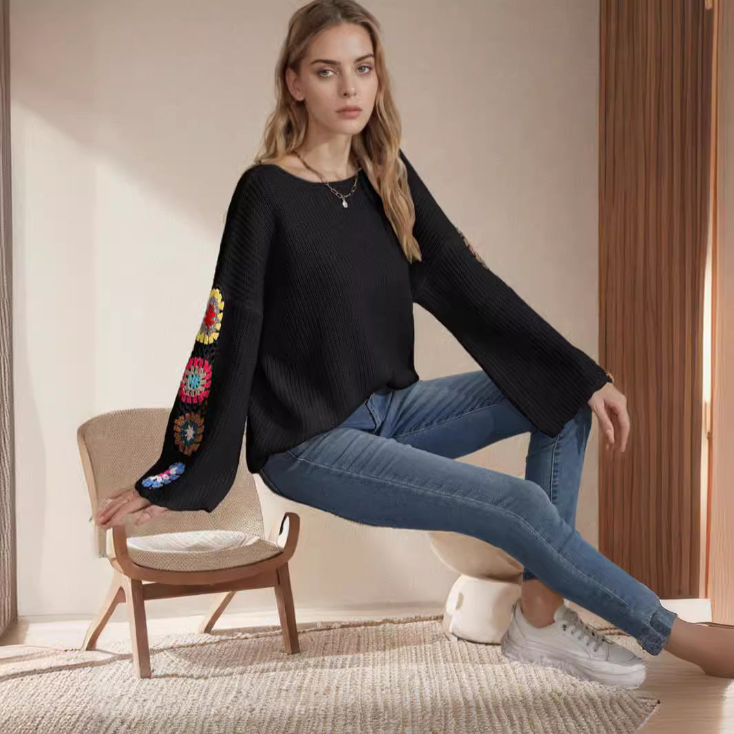 Damen lässiger Strickpullover mit buntem Häkelmotiven und weitem Schnitt Drune