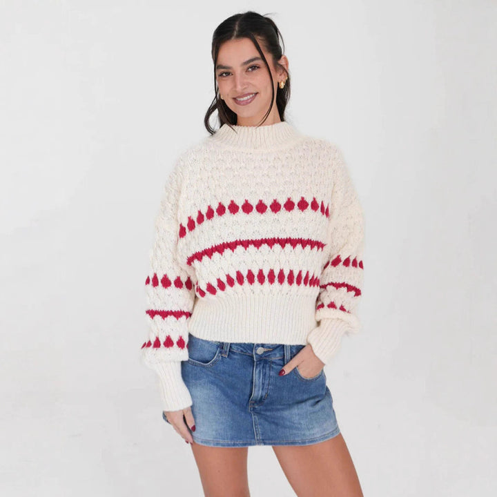 Damen Strickpullover mit modernem Zopfmuster und voluminösen Ärmeln Drune