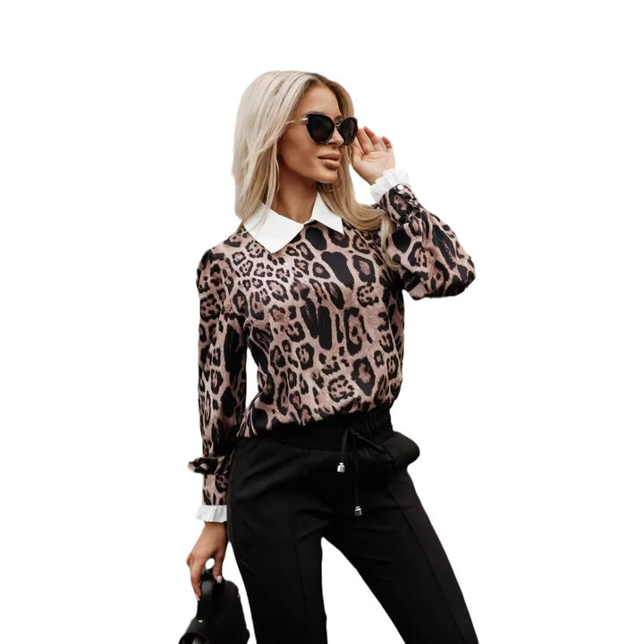 Damen modisches Blusenshirt mit trendigem Leopardenmuster und eleganter Kragenverzierung Drune