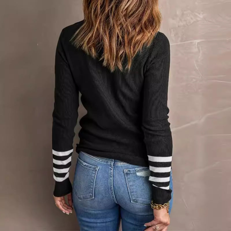 Damen modischer Pullover mit gestreiften Ärmeln und Rundhalsausschnitt Drune
