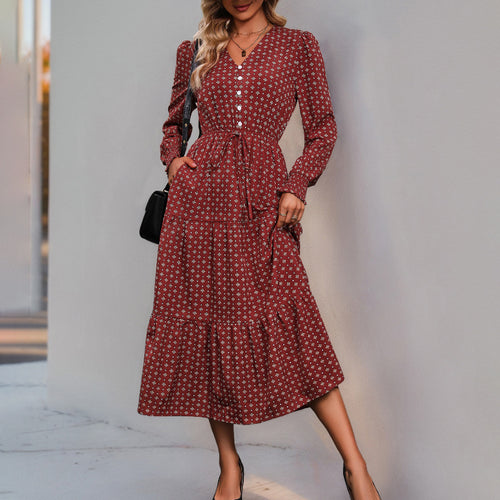 Damen Maxikleid mit dekorativem Knopfdesign und Rüschendetails Drune