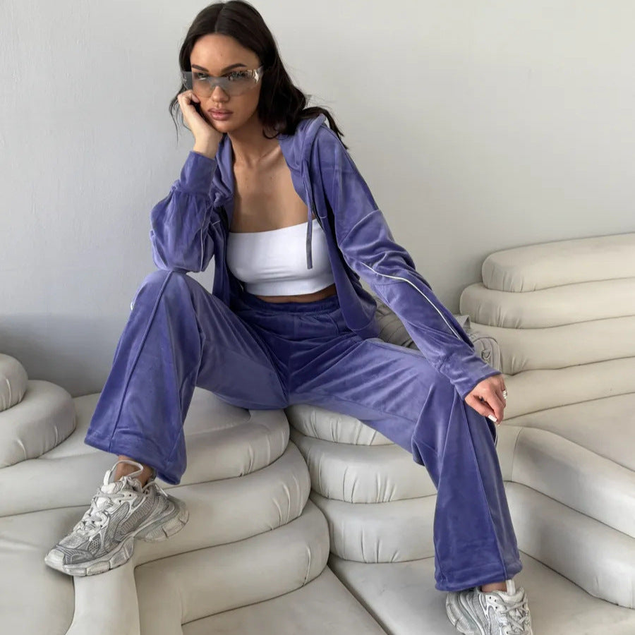 Damen Sportlicher Velours-Anzug mit moderner Kapuze und elastischem Bund Drune