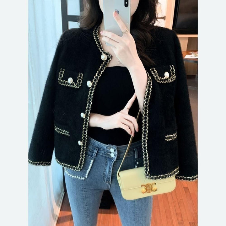 Damen elegante Bouclé-Jacke mit Perlenbesatz Drune