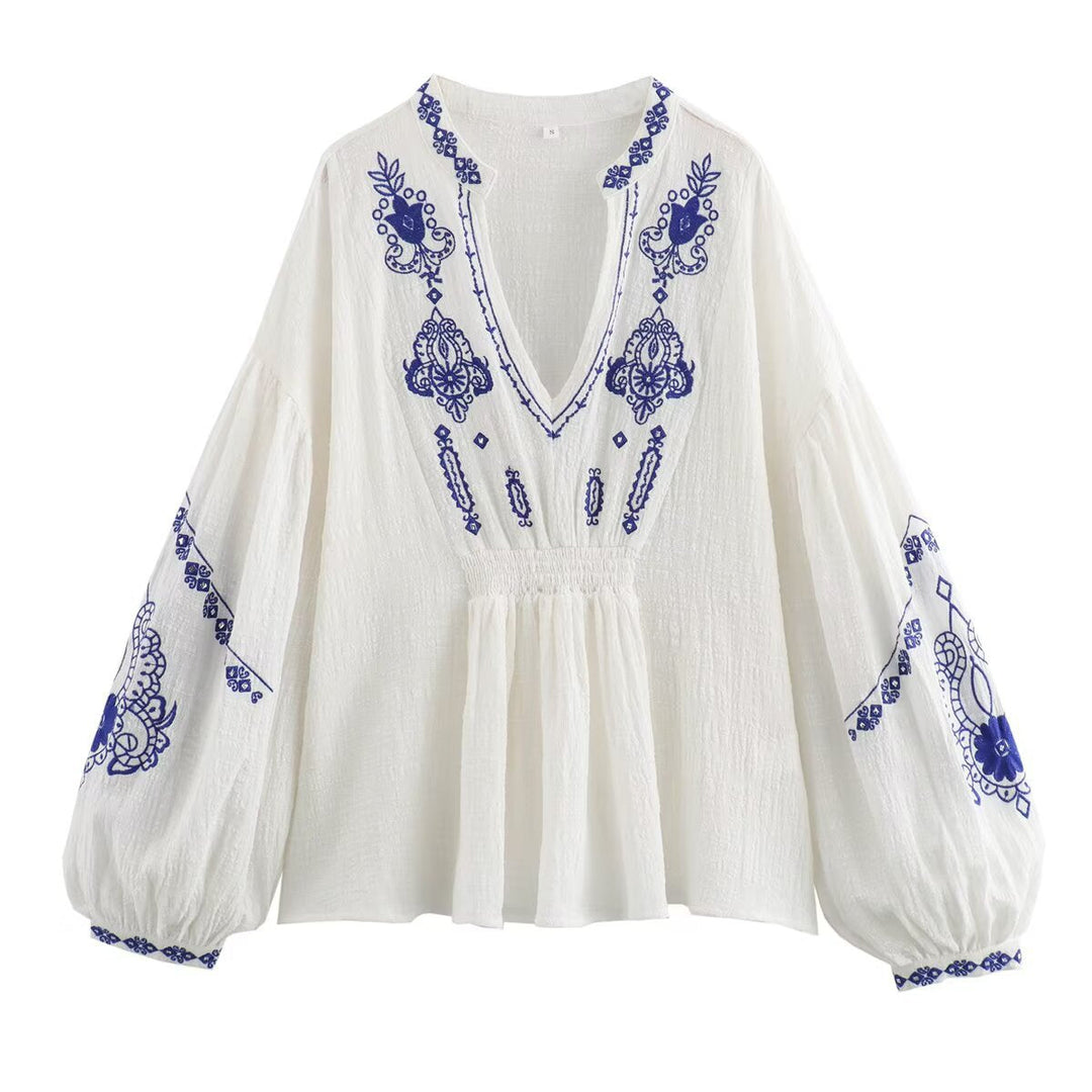 Damen Bluse mit verspieltem floralen Stickdesign und voluminösen Ärmeln Drune