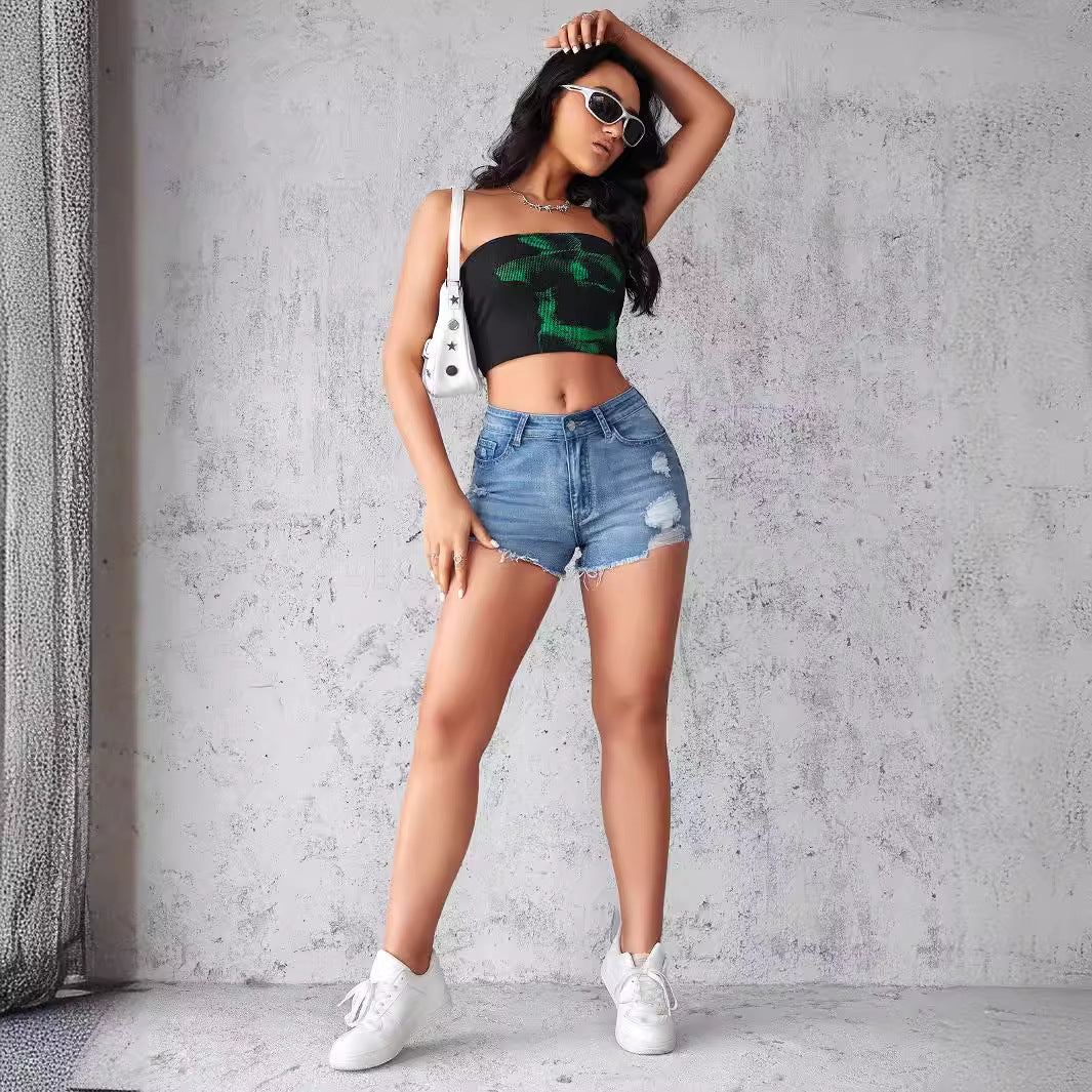 Damen lässige Denim-Shorts im trendy Destroyed-Stil mit hohem Taillenbund Drune