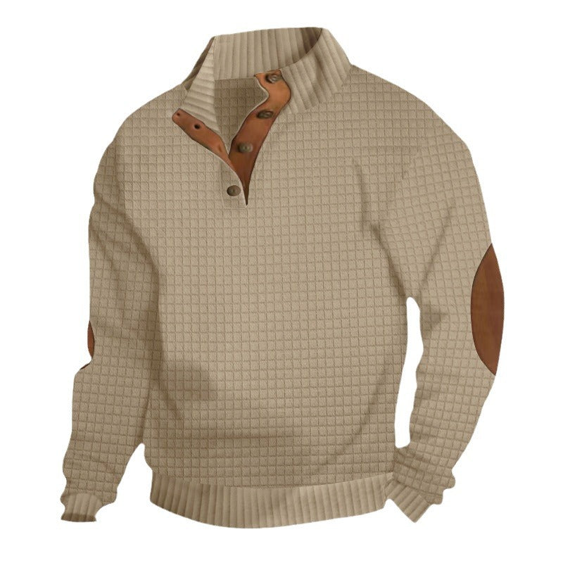 Herren nan strukturierter Ripp-Pullover mit kurzem Knopfkragen und Wildleder-Ellbogenpatches Drune