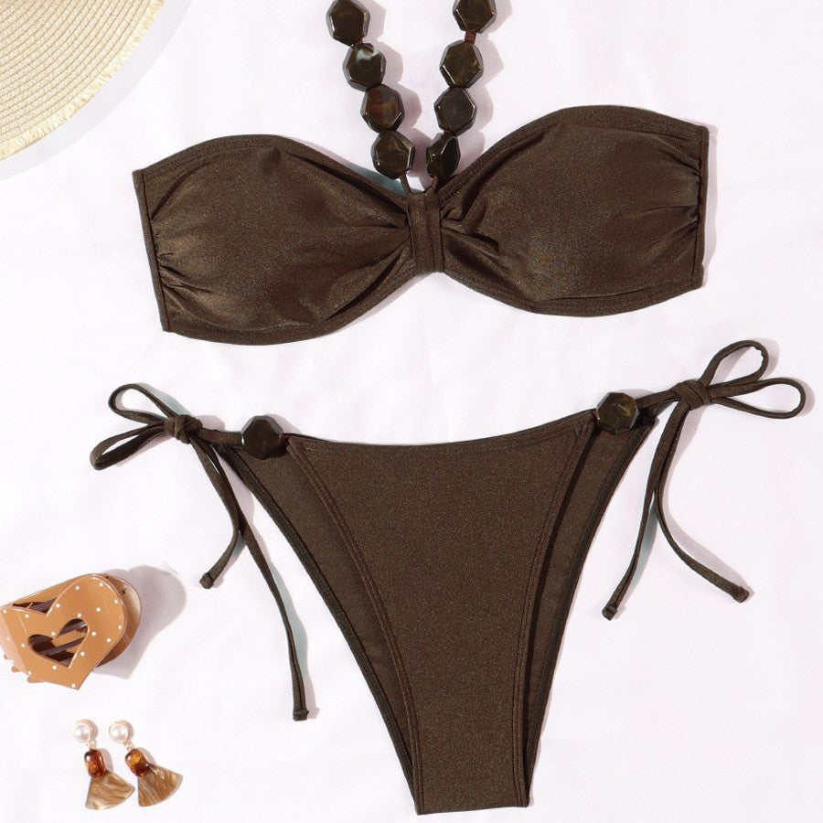Damen Eleganter Bandeau-Bikini mit dekorativen Perlen Drune