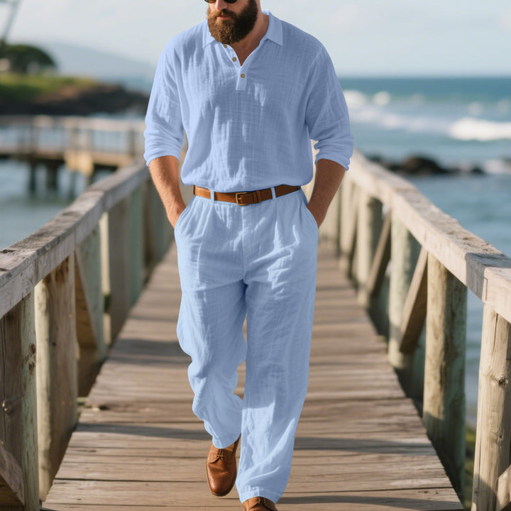 Herren eleganter Freizeit-Jumpsuit mit praktischen Taschen und stylischem Henley-Ausschnitt Drune