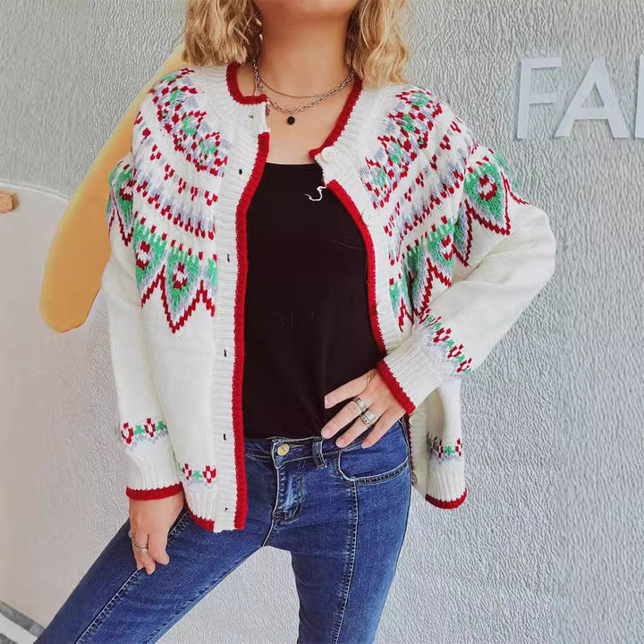 Damen Strickjacke mit festlichem Norweger-Muster und umschläglicher Knopfleiste Drune