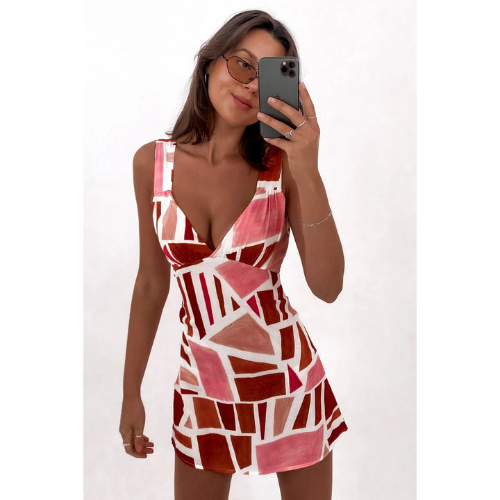 Damen figurbetontes Minikleid mit auffälligem geometrischem Design und tiefem V-Ausschnitt Drune