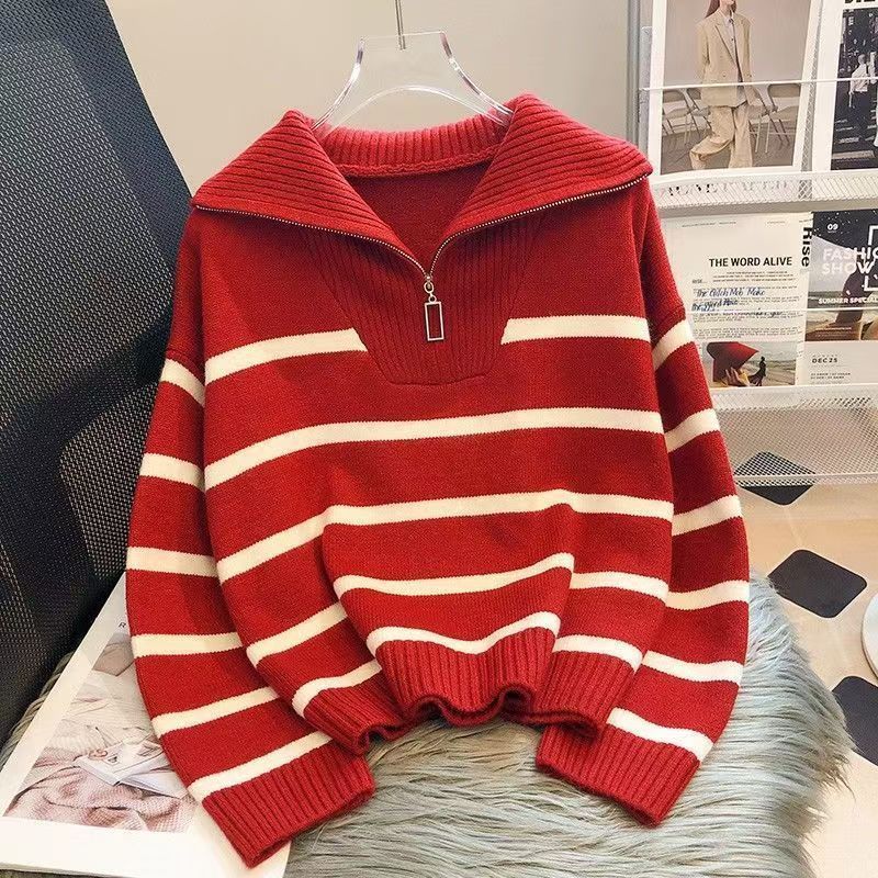 Damen lässiger Strickpullover mit hohem Kragen und Reißverschluss Drune