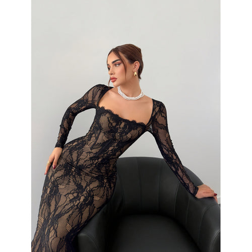 Damen Spitzenkleid mit transparentem Design und eleganten Details Drune