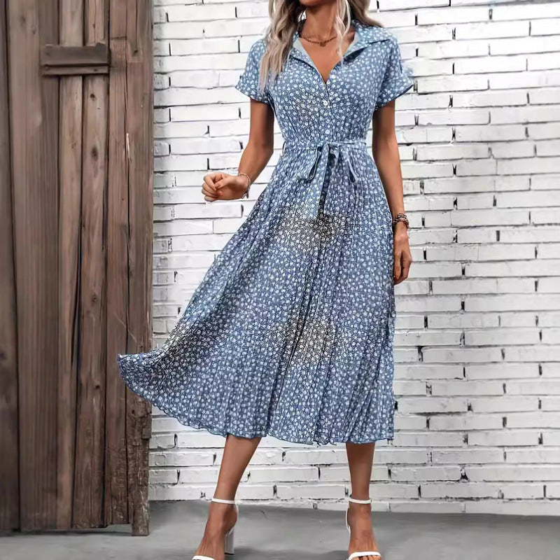 Damen Maxikleid mit knöpfbarem Kragen und Bindegürtel Drune