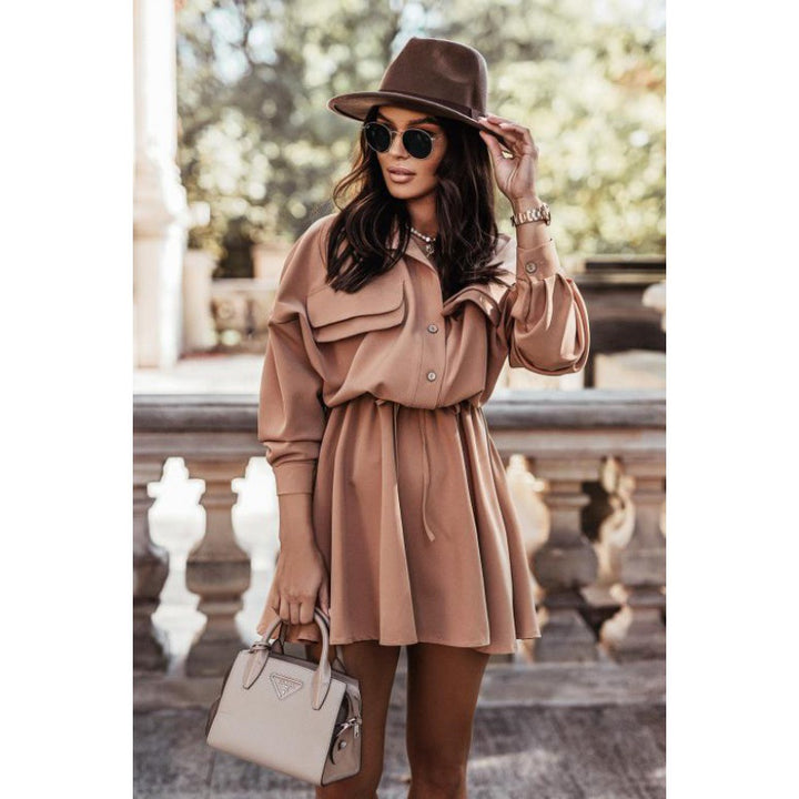 Damen Hemdblusenkleid mit elegantem Bindegürtel und praktischen Taschen Drune