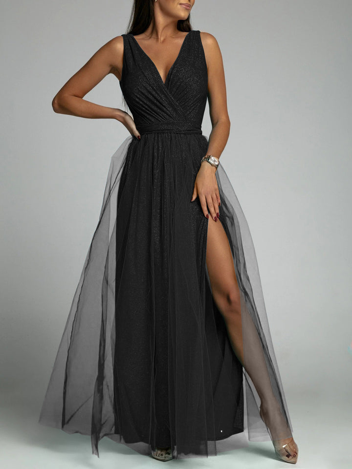 Damen Maxiabendkleid mit verführerischem Schlitz und funkelndem Obermaterial Drune