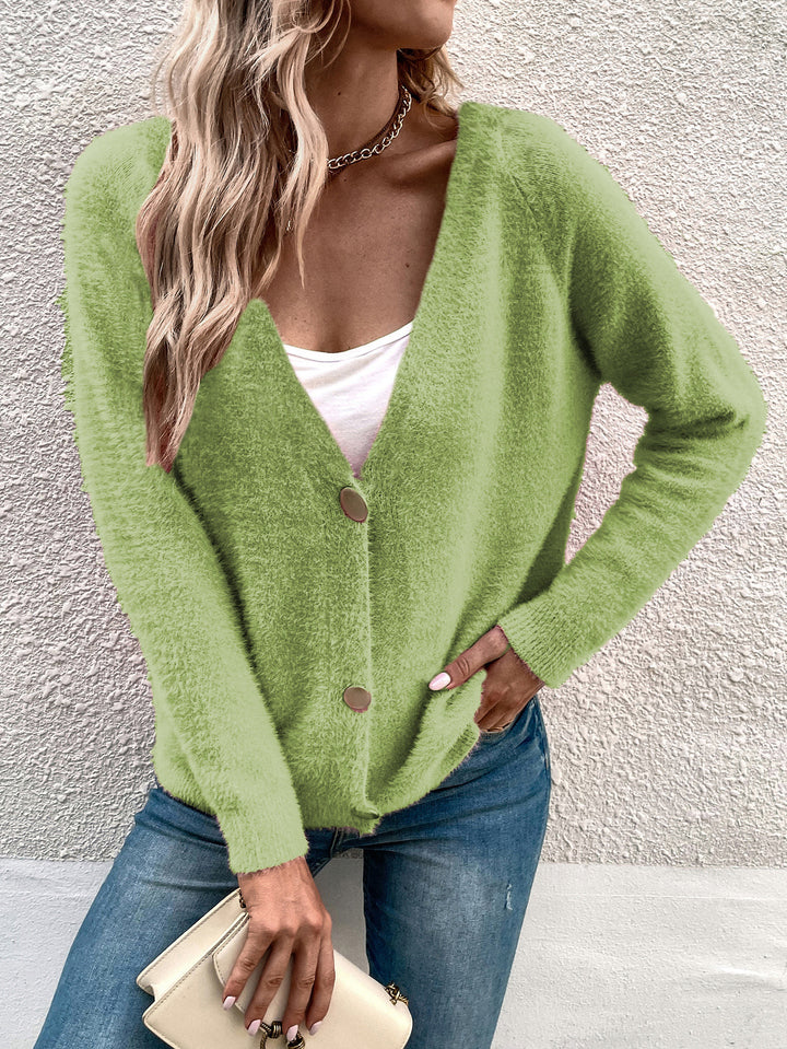 Damen weicher Strickcardigan mit elegantem V-Ausschnitt und großen Knopfdetails Drune