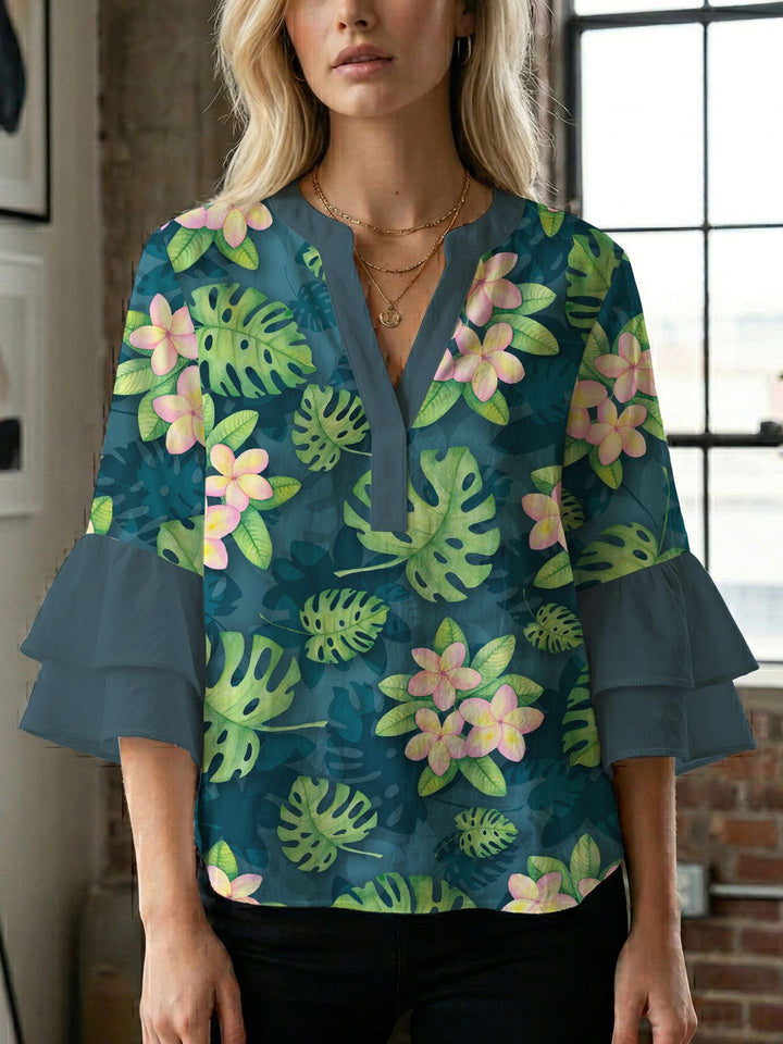 Damen Blusenshirt mit voluminösen Ärmeln und kreativem Druckdesign Drune