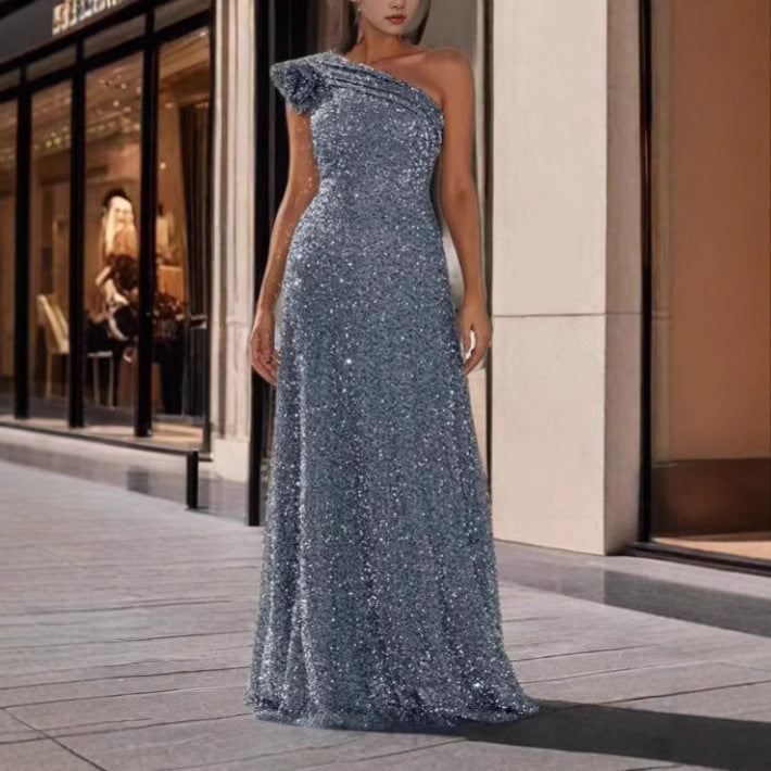 Damen Glamouröses Maxikleid mit schulterfreiem Design und funkelnden Pailletten Drune