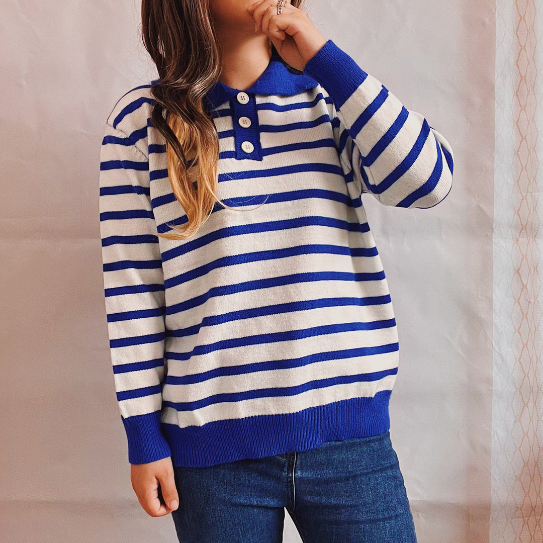 Damen legerer Streifenpullover mit Knopfleiste und weitem Schnitt Drune