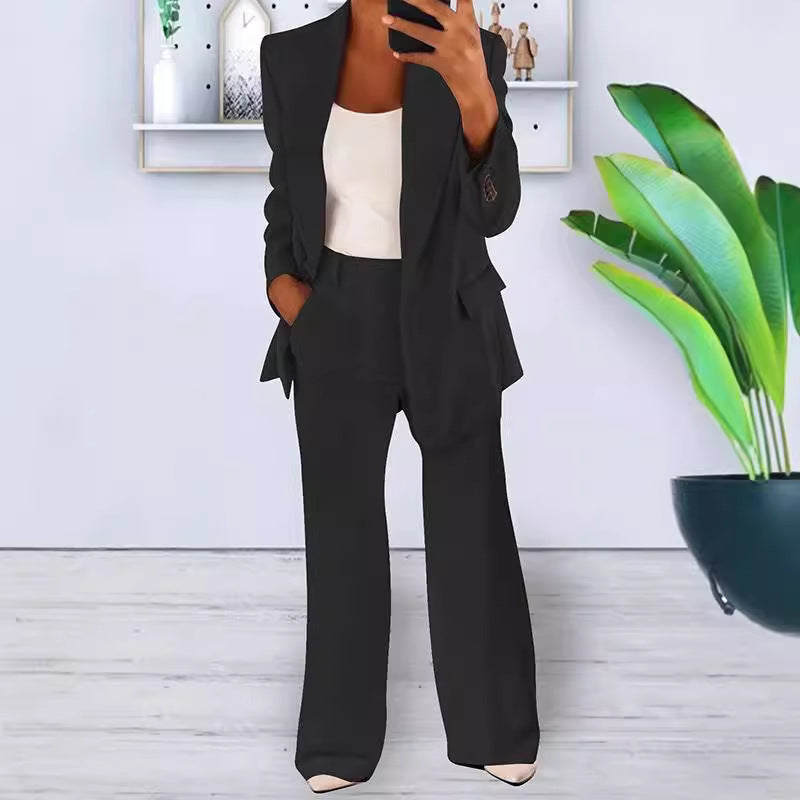 Damen nan bürotaugendes Hosenanzug Set mit weiter Hose und tailliertem Blazer Drune