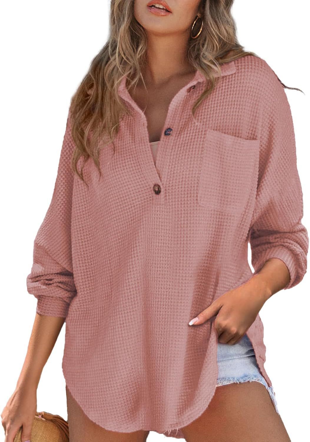 Damen lässiges Waffelstrickoberteil mit Knopfleiste Drune