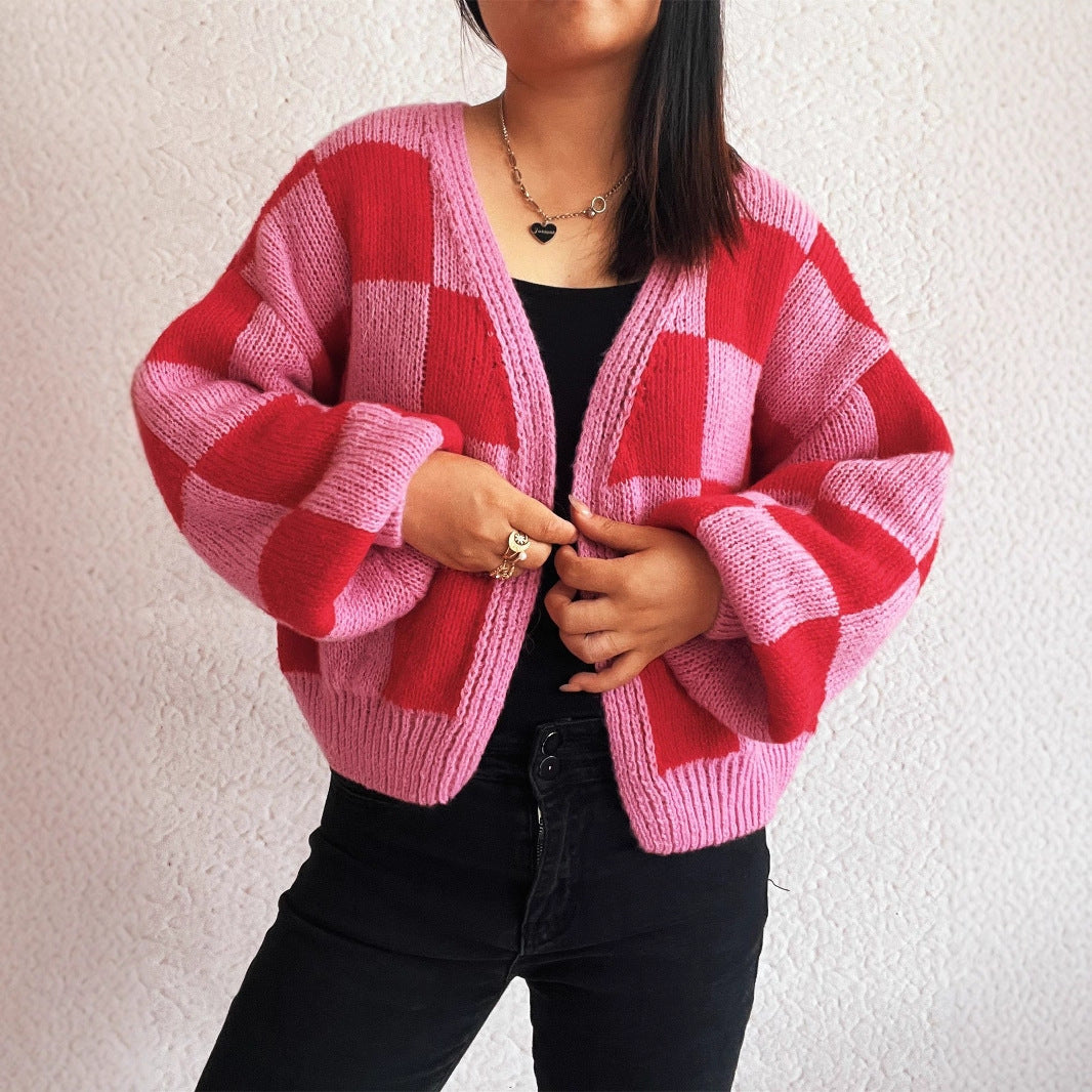 Damen lässige Strickjacke mit Karomuster und voluminösen Ärmeln Drune