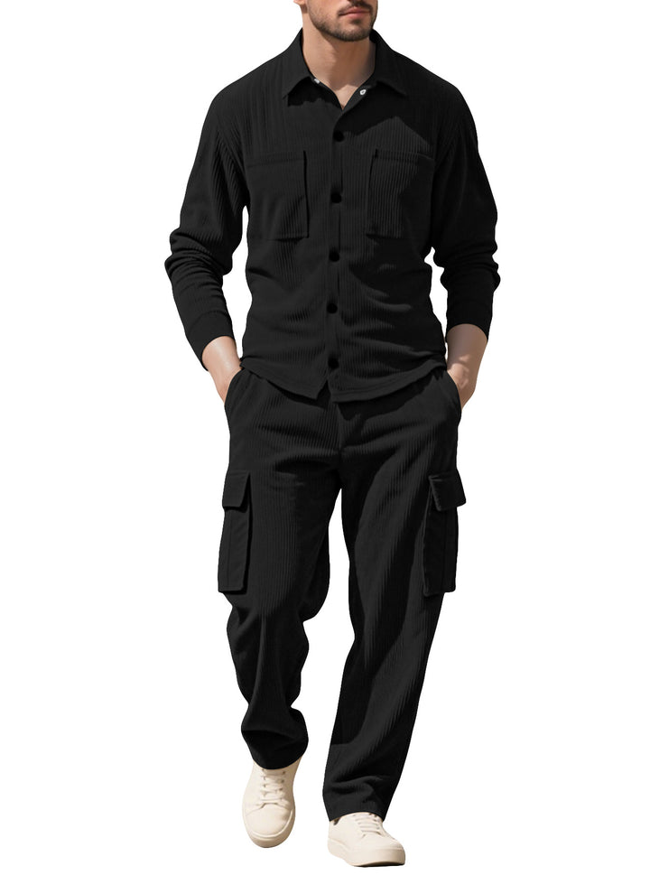 Herren nan geripptes Worker-Hemd mit Brusttaschen und entspannter Cargohose Drune
