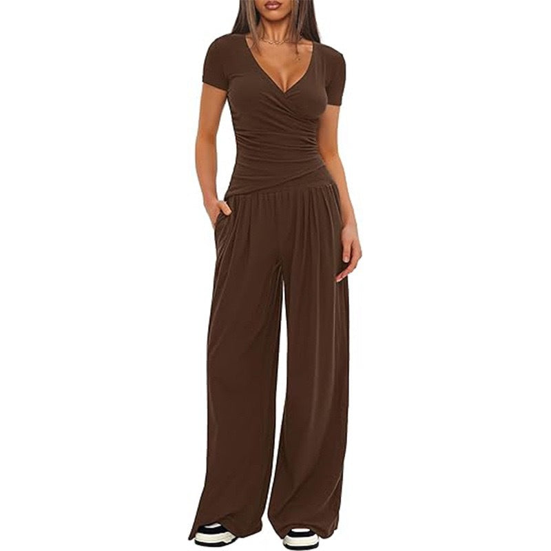 Damen Eleganter Wickel-Jumpsuit mit weitem Bein und modischen Details Drune