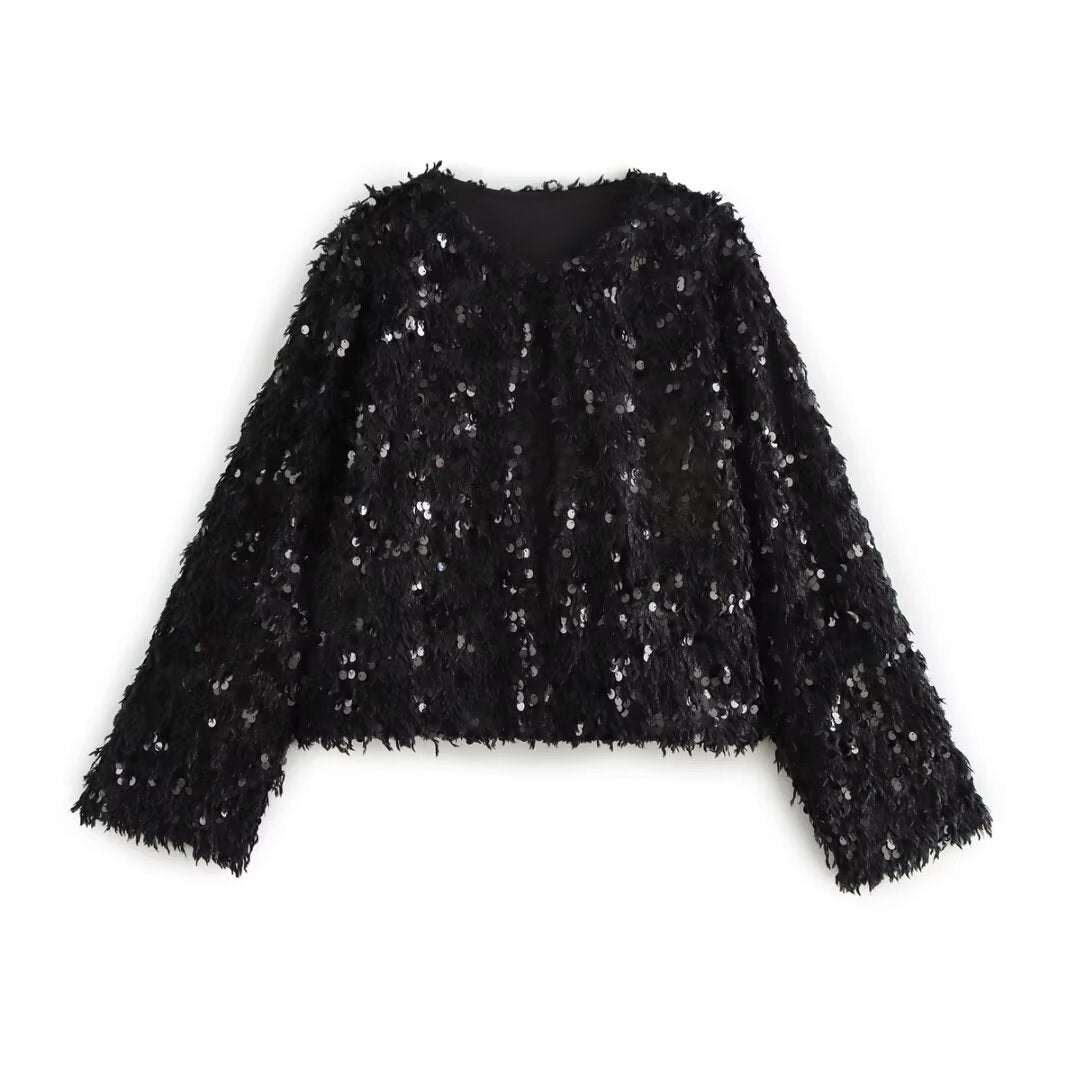 Femme Shimmery Fuzzy Crop Jacke Drune