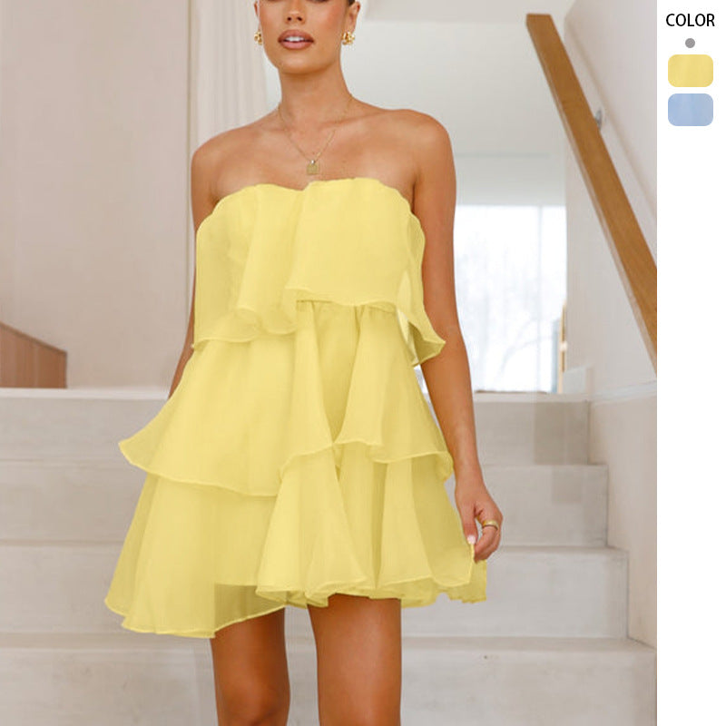 Damen Verspieltes Chiffonkleid mit schwingendem Volant und schulterfreiem Design Drune