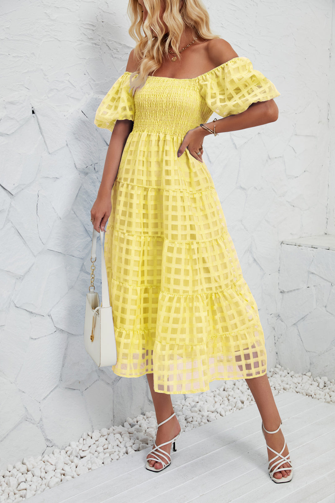 Damen Midi-Kleid mit Puffärmeln und elastischem Taillengürtel Drune
