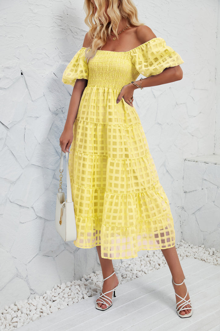 Damen Midi-Kleid mit Puffärmeln und elastischem Taillengürtel Drune
