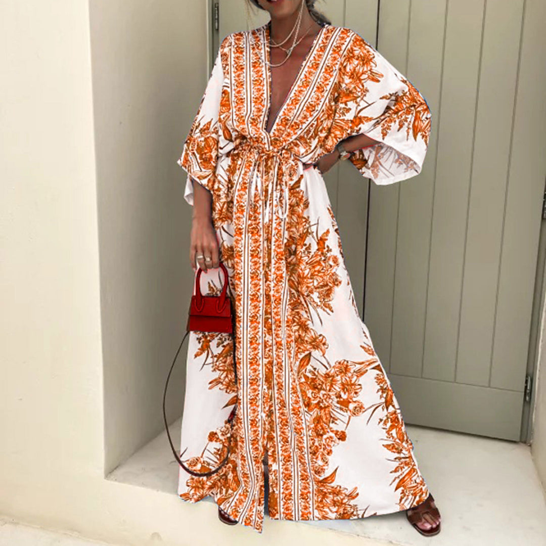 Damen luftiger Kaftan mit kunstvollem Blumenmuster und eleganten Details Drune