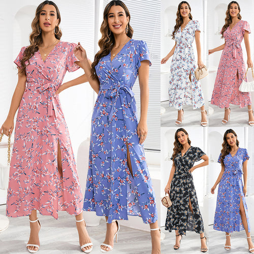 Damen Maxi-Kleid mit floralem Muster und Taillengürtel Drune